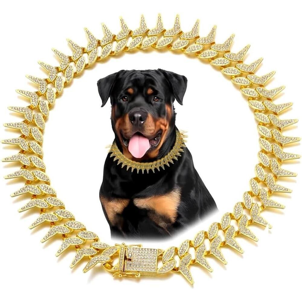 Gold Dog Chain Collar, Cool Spiked Style Necklace Bling Diamond Cuban Link 14in